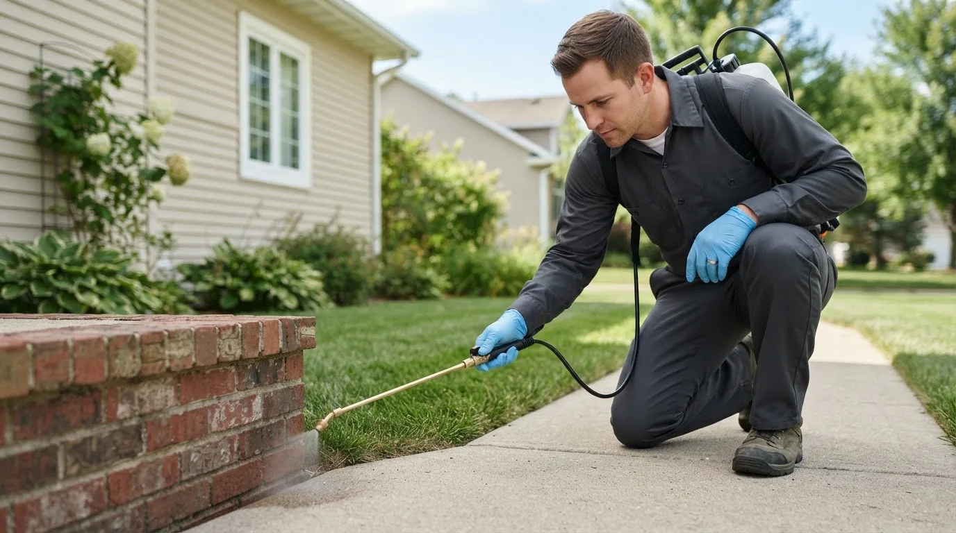 Pest control technician treating a home near Corinth, ME